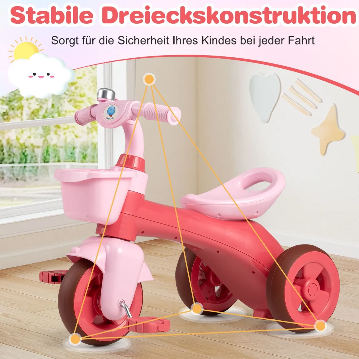 Dreirad Kinder Laufrad mit begrenzter Lenkung Klingel & ergonomischem Sitz Kleinkinder Spielzeug Rosa