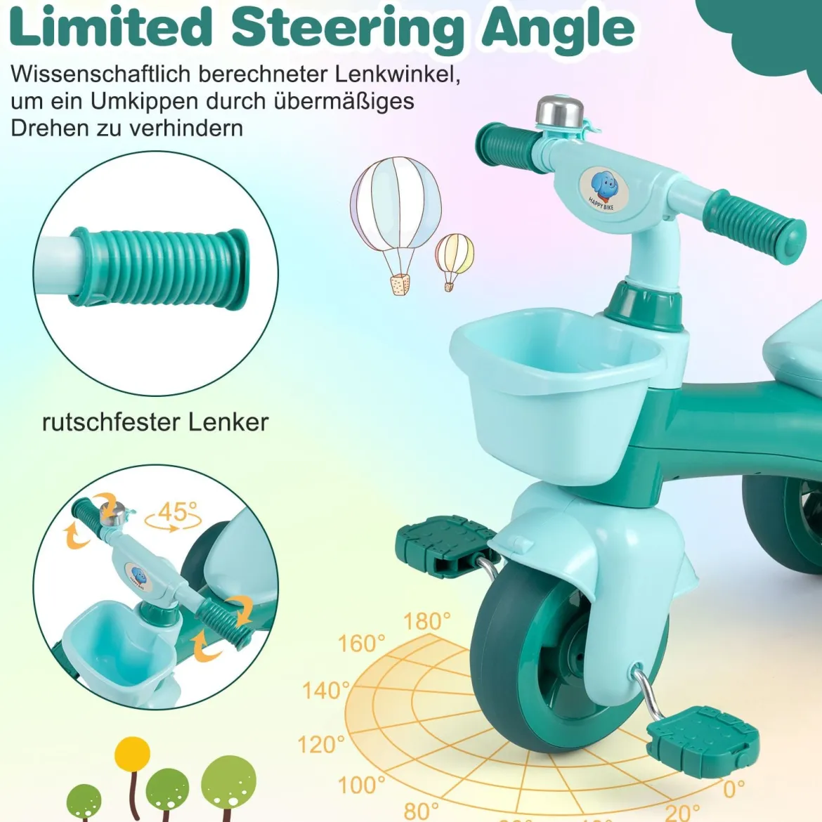 Dreirad Kinder Laufrad mit begrenzter Lenkung Klingel & ergonomischem Sitz Kleinkinder Spielzeug Grün