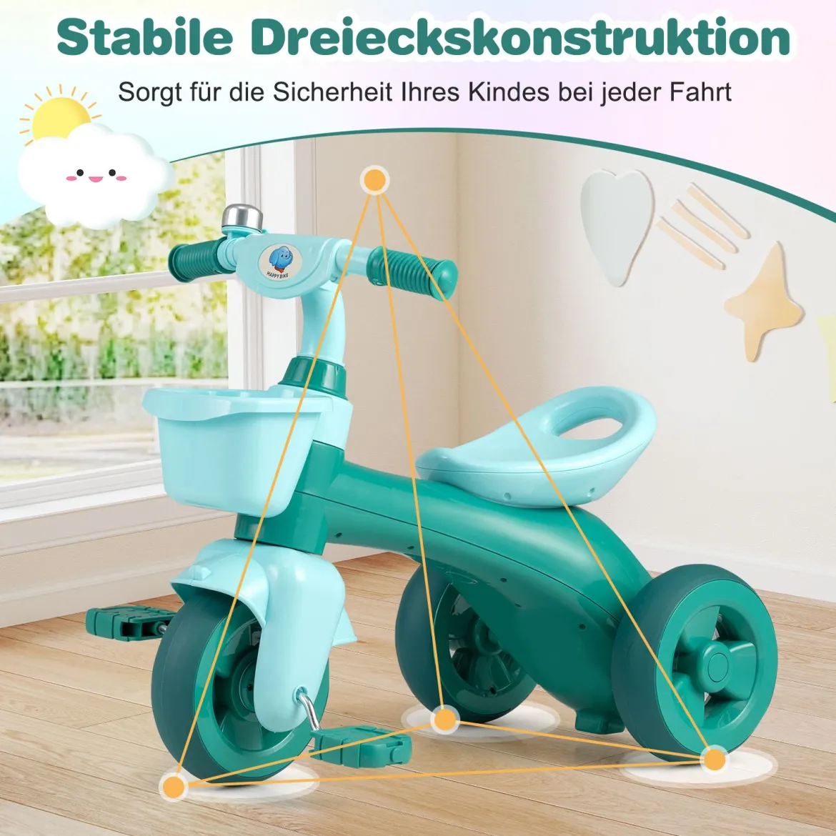 Dreirad Kinder Laufrad mit begrenzter Lenkung Klingel & ergonomischem Sitz Kleinkinder Spielzeug Grün