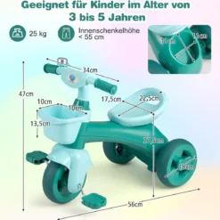Dreirad Kinder Laufrad mit begrenzter Lenkung Klingel & ergonomischem Sitz Kleinkinder Spielzeug Grün