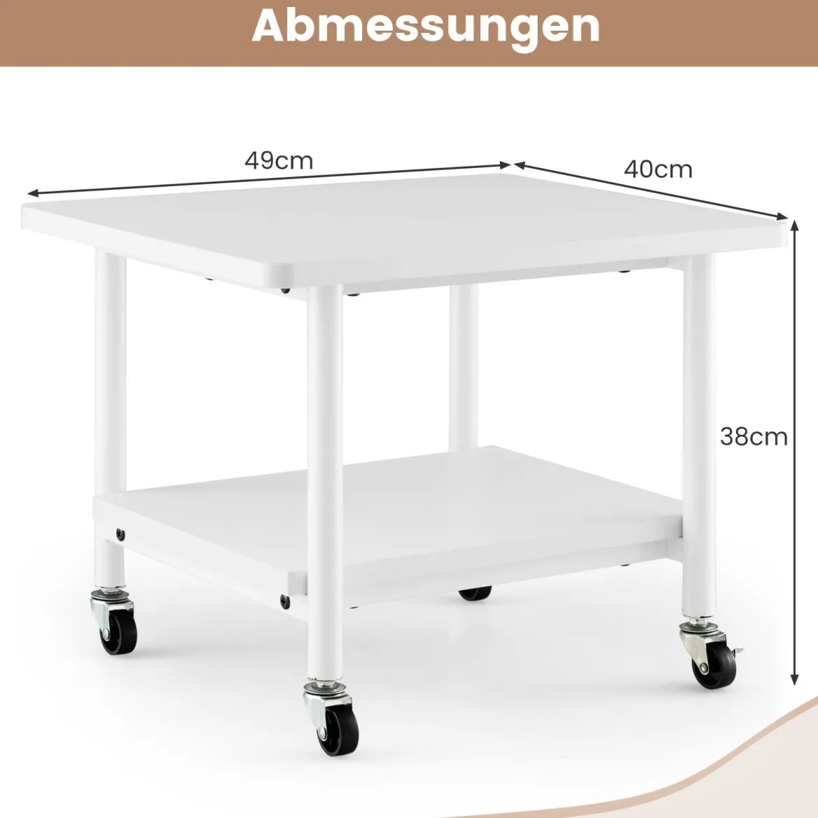 Druckertisch mit 2 Ebenen & Feststellbaren Rädern Druckerständer Druckerwagen Ganzweiß