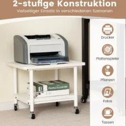 Druckertisch mit 2 Ebenen & Feststellbaren Rädern Druckerständer Druckerwagen Ganzweiß