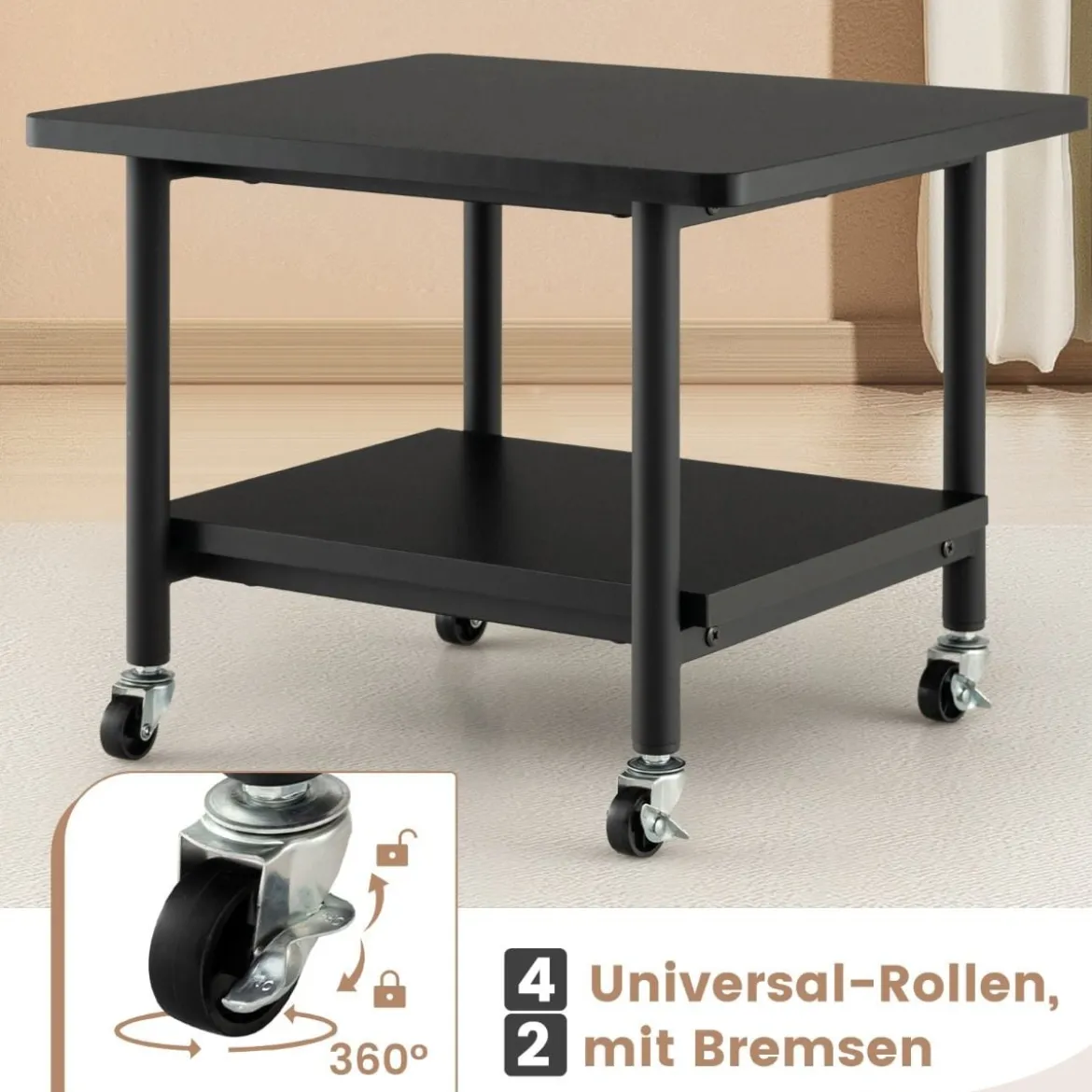 Druckertisch mit 2 Ebenen & Feststellbaren Rädern Druckerständer Druckerwagen Schwarz