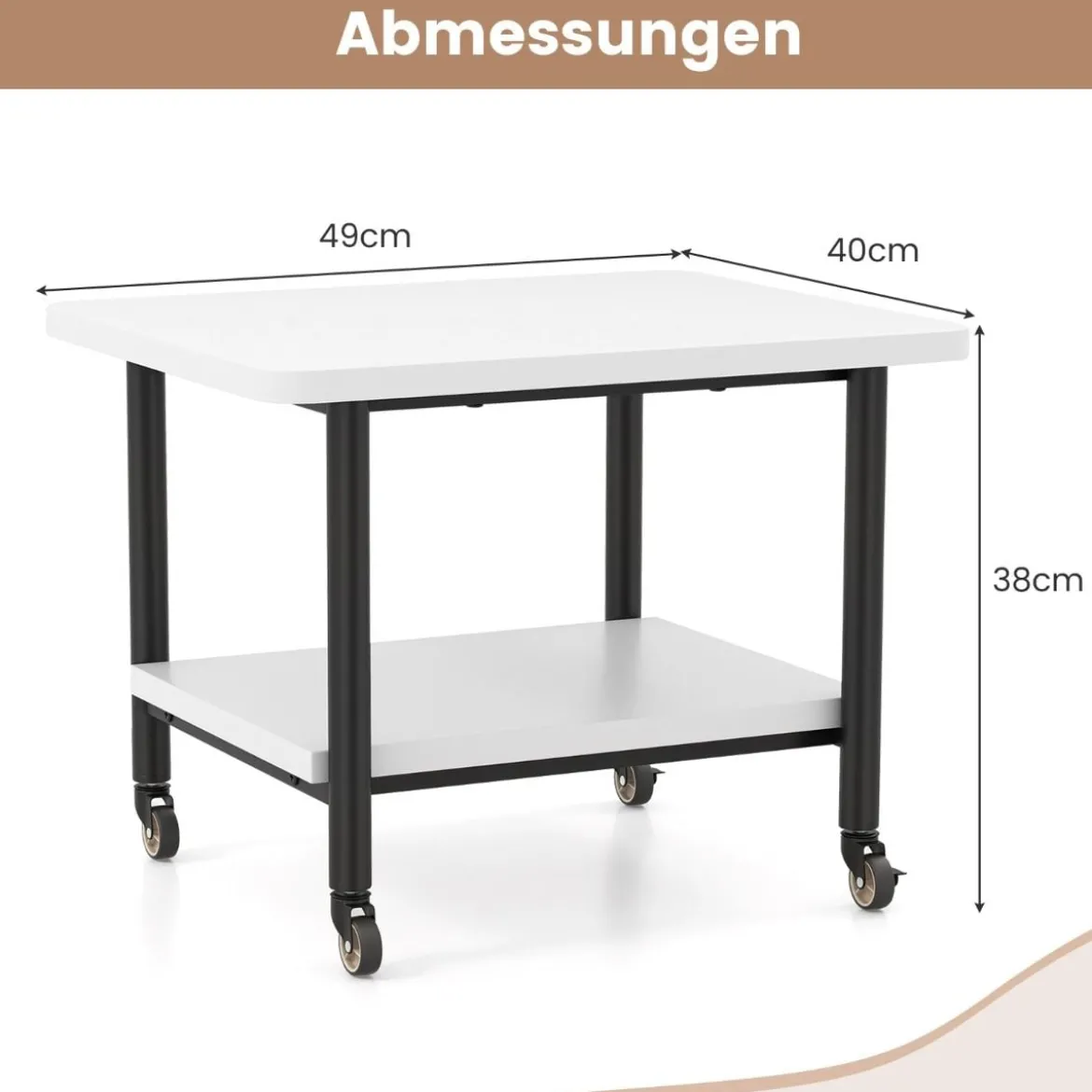 Druckertisch mit 2 Ebenen & Feststellbaren Rädern Druckerständer Druckerwagen Weiß