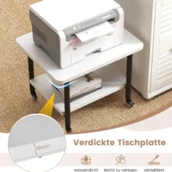 Druckertisch mit 2 Ebenen & Feststellbaren Rädern Druckerständer Druckerwagen Weiß