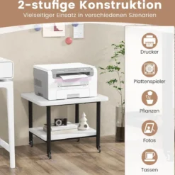Druckertisch mit 2 Ebenen & Feststellbaren Rädern Druckerständer Druckerwagen Weiß
