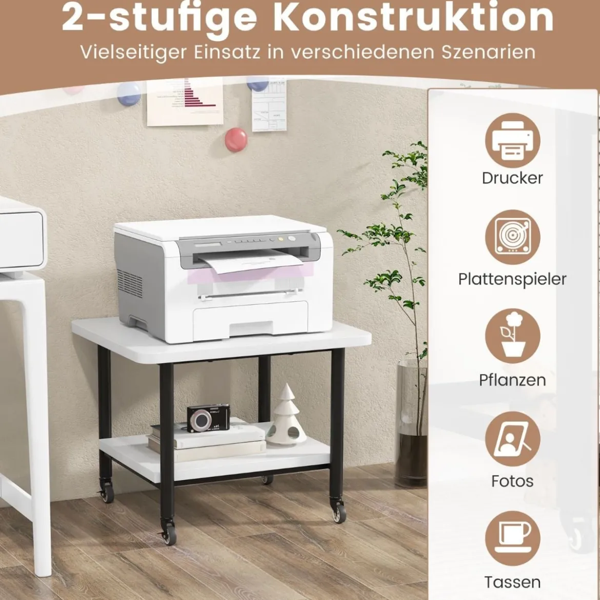 Druckertisch mit 2 Ebenen & Feststellbaren Rädern Druckerständer Druckerwagen Weiß