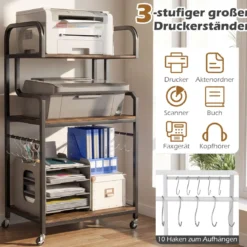 Druckertisch mit Rollen & Offenen Ablagen & 10 Haken 3-stöckiger Druckerständer Braun