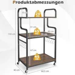 Druckertisch mit Rollen & Offenen Ablagen & 10 Haken 3-stöckiger Druckerständer Braun