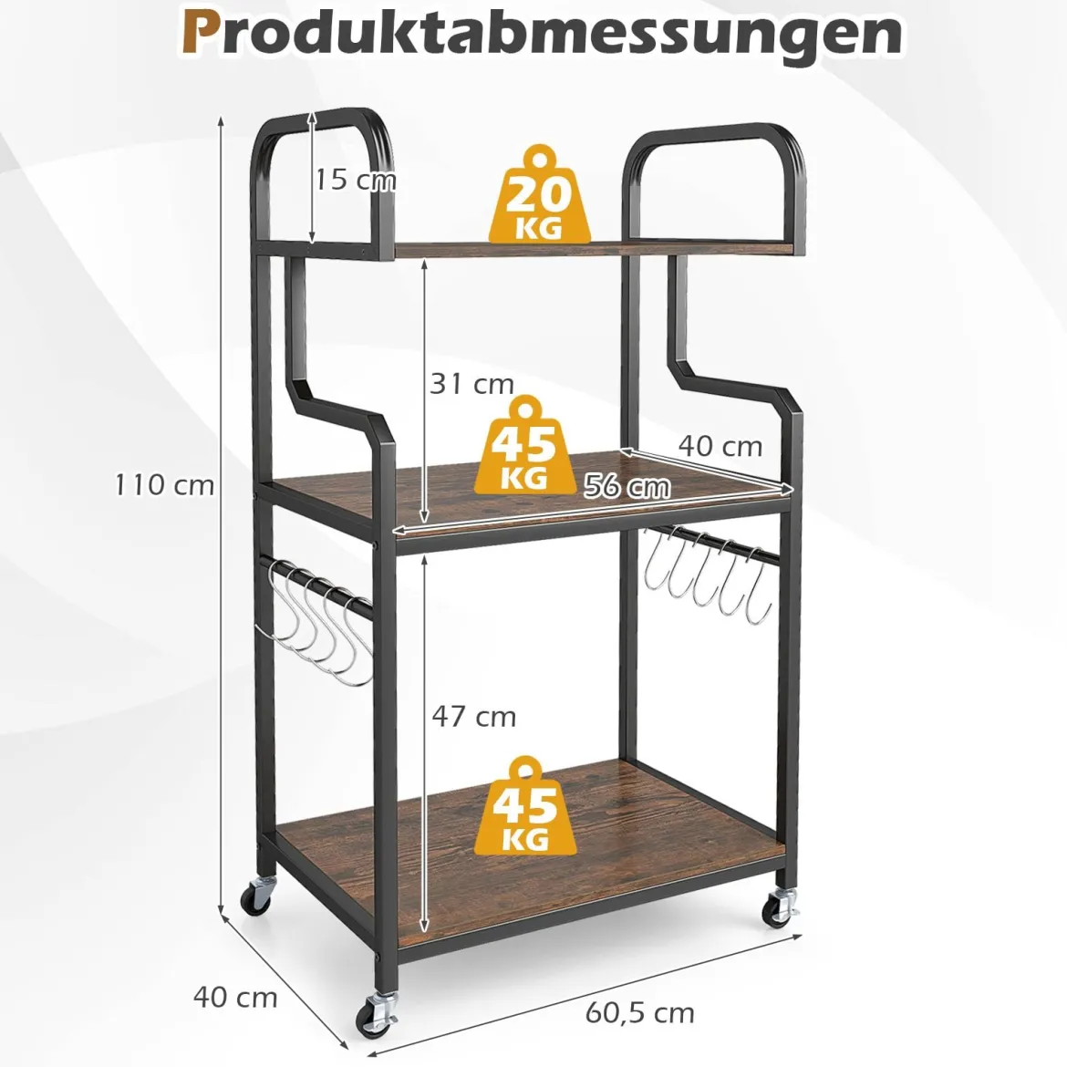 Druckertisch mit Rollen & Offenen Ablagen & 10 Haken 3-stöckiger Druckerständer Braun