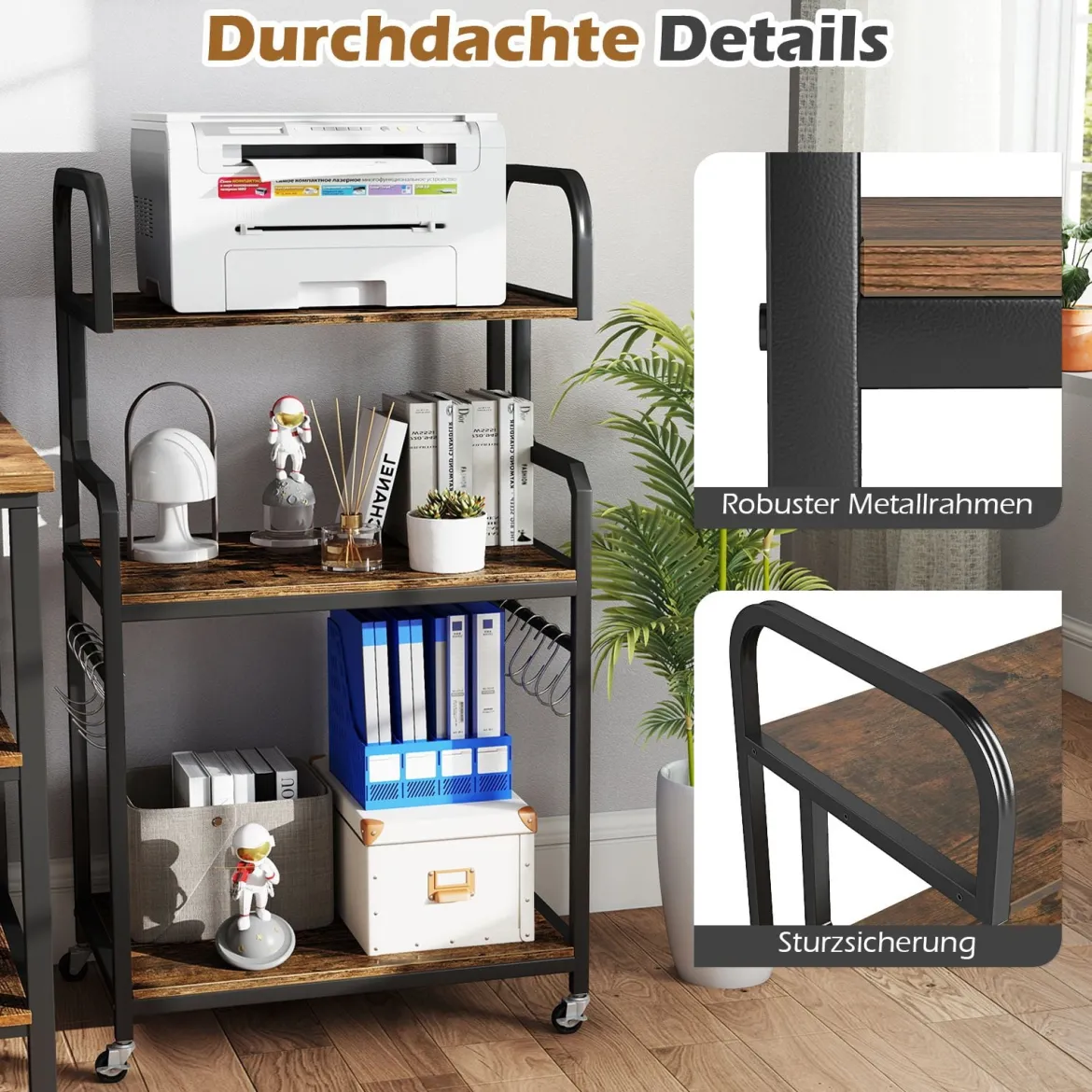 Druckertisch mit Rollen & Offenen Ablagen & 10 Haken 3-stöckiger Druckerständer Braun