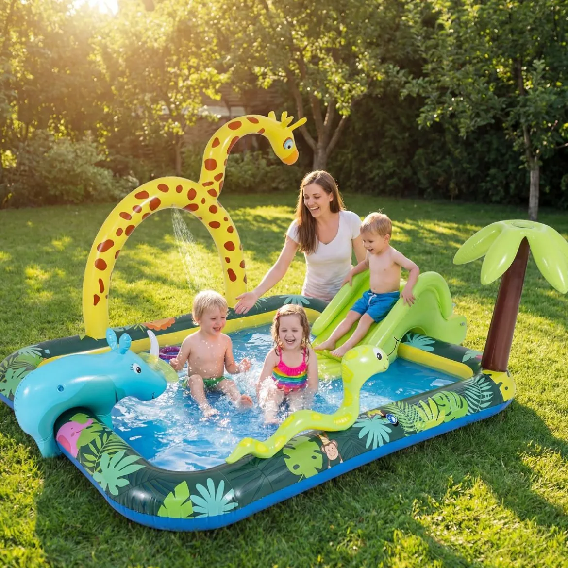 Dschungeltiere Planschbecken mit Sprinkler Rutsche & Wurfspiel Aufblasbares Wasserspielcenter