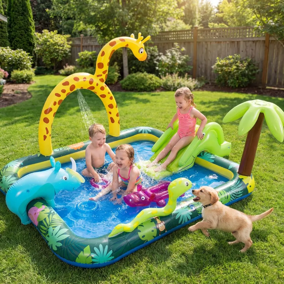 Dschungeltiere Planschbecken mit Sprinkler Rutsche & Wurfspiel Aufblasbares Wasserspielcenter