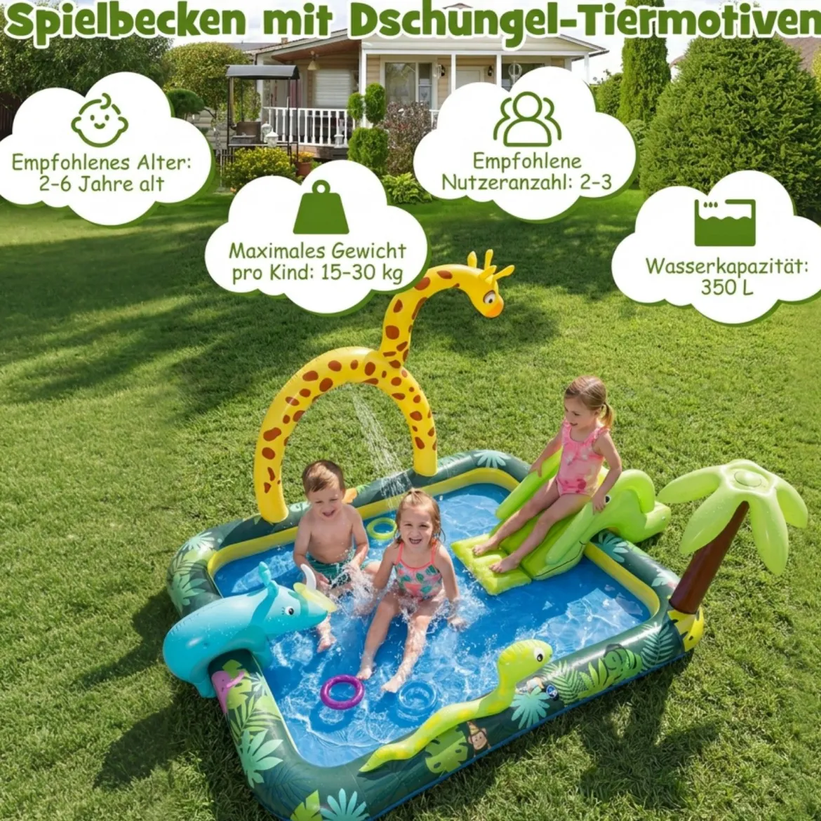 Dschungeltiere Planschbecken mit Sprinkler Rutsche & Wurfspiel Aufblasbares Wasserspielcenter