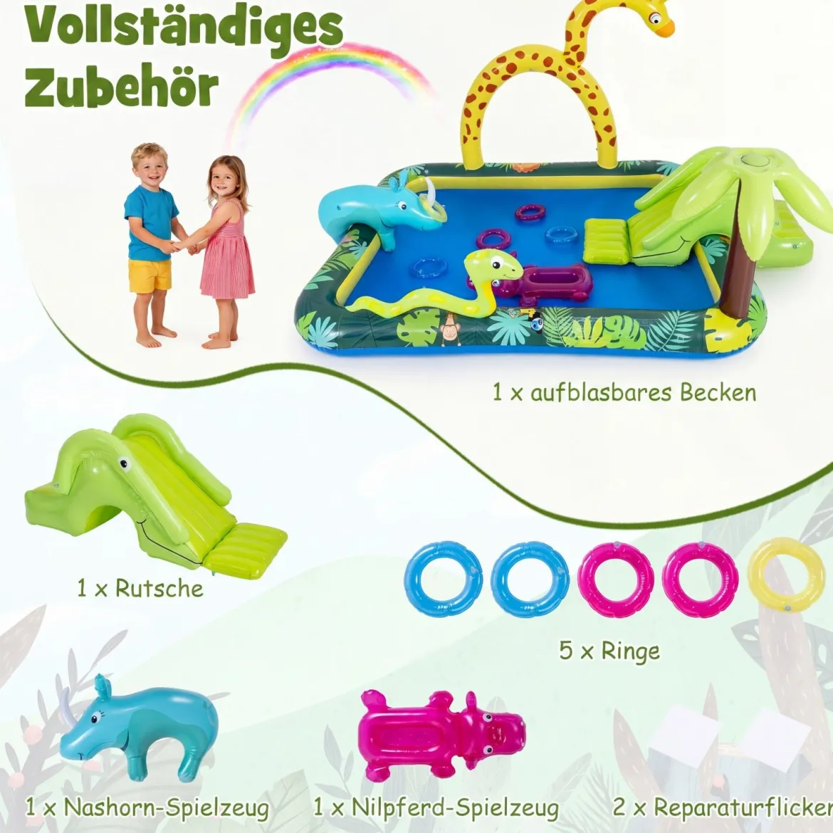 Dschungeltiere Planschbecken mit Sprinkler Rutsche & Wurfspiel Aufblasbares Wasserspielcenter