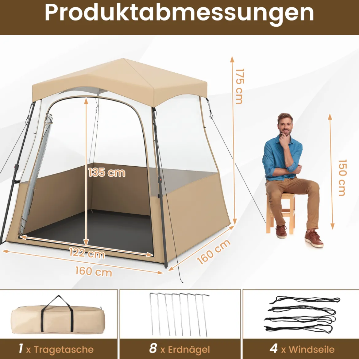 Durchsichtiger Pop-Up-Sportzelt transparentes Campingzelt Outdoor Allwetter-Schutz mit Tragetasche Braun 160 x 160 x 176 cm