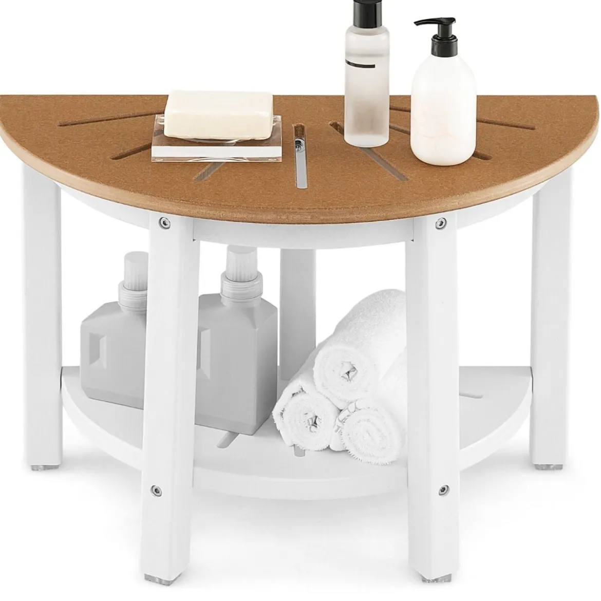 Duschbank Bad Sitzbank mit Ablage Badhocker Badezimmerbank Duschstuhl 65 x 46 cm Braun+Weiß