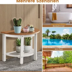 Duschbank Bad Sitzbank mit Ablage Badhocker Badezimmerbank Duschstuhl 65 x 46 cm Braun+Weiß