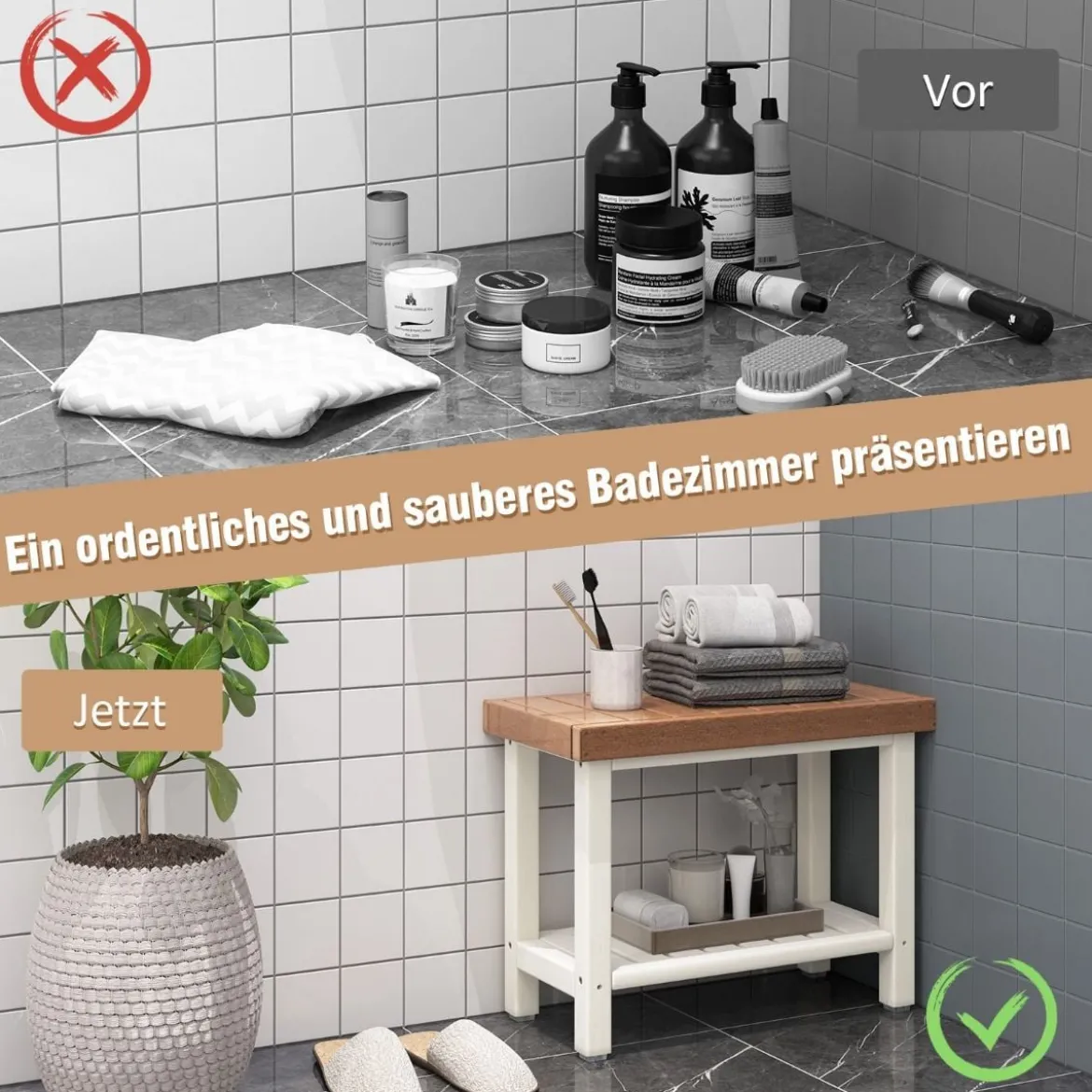 Duschbank Bad Sitzbank mit Ablage bis 150 kg Belastbar Braun + Weiß 61 x 31 x 49 cm