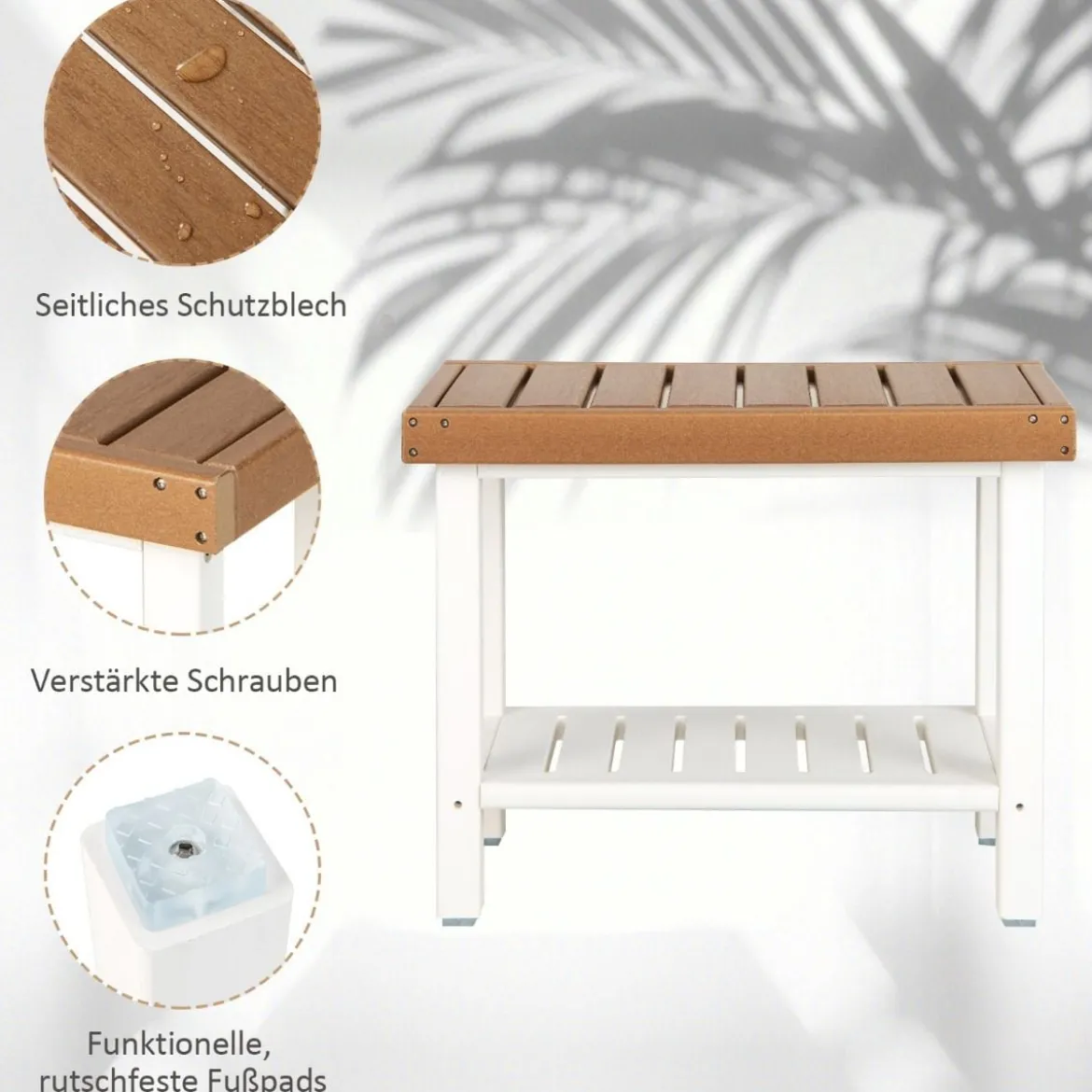 Duschbank Bad Sitzbank mit Ablage bis 150 kg Belastbar Braun + Weiß 61 x 31 x 49 cm