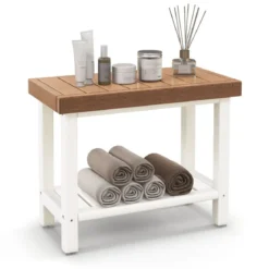 Duschbank Bad Sitzbank mit Ablage bis 150 kg Belastbar Braun + Weiß 61 x 31 x 49 cm