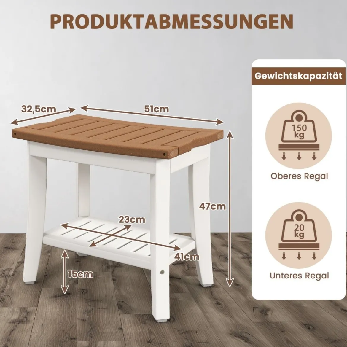 Duschbank Bad Sitzbank mit Ablage Badhocker Badezimmerbank Duschstuhl 51 x 32,5 x 47 cm Braun + Weiß