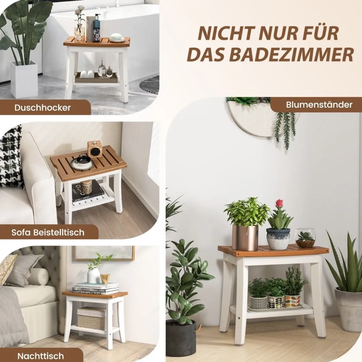 Duschbank Bad Sitzbank mit Ablage Badhocker Badezimmerbank Duschstuhl 51 x 32,5 x 47 cm Braun + Weiß