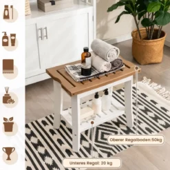 Duschbank Bad Sitzbank mit Ablage Badhocker Badezimmerbank Duschstuhl 51 x 32,5 x 47 cm Braun + Weiß