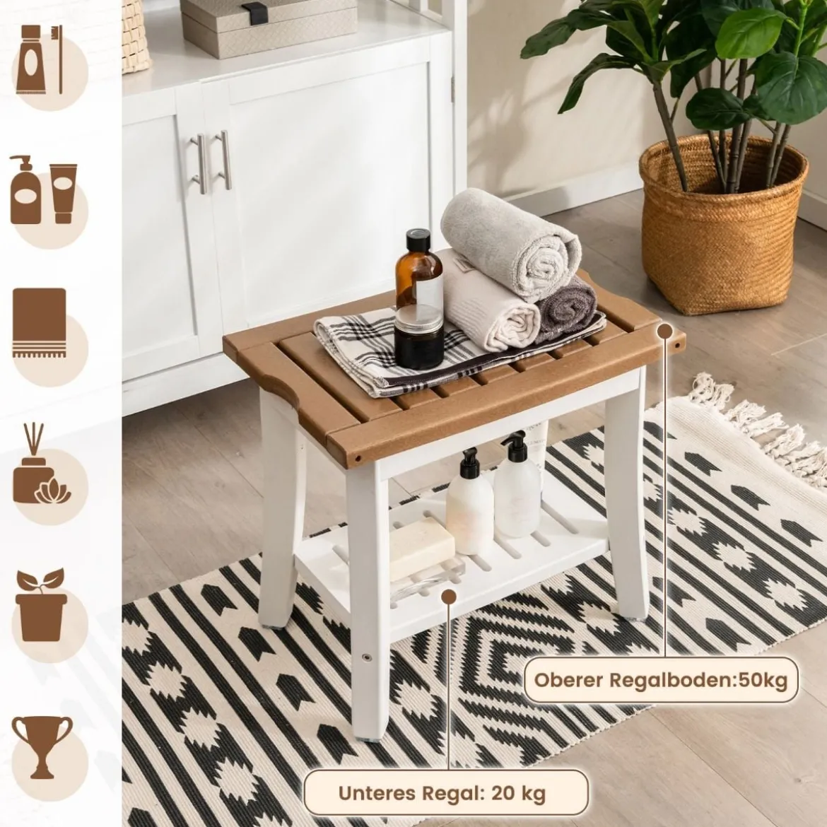 Duschbank Bad Sitzbank mit Ablage Badhocker Badezimmerbank Duschstuhl 51 x 32,5 x 47 cm Braun + Weiß