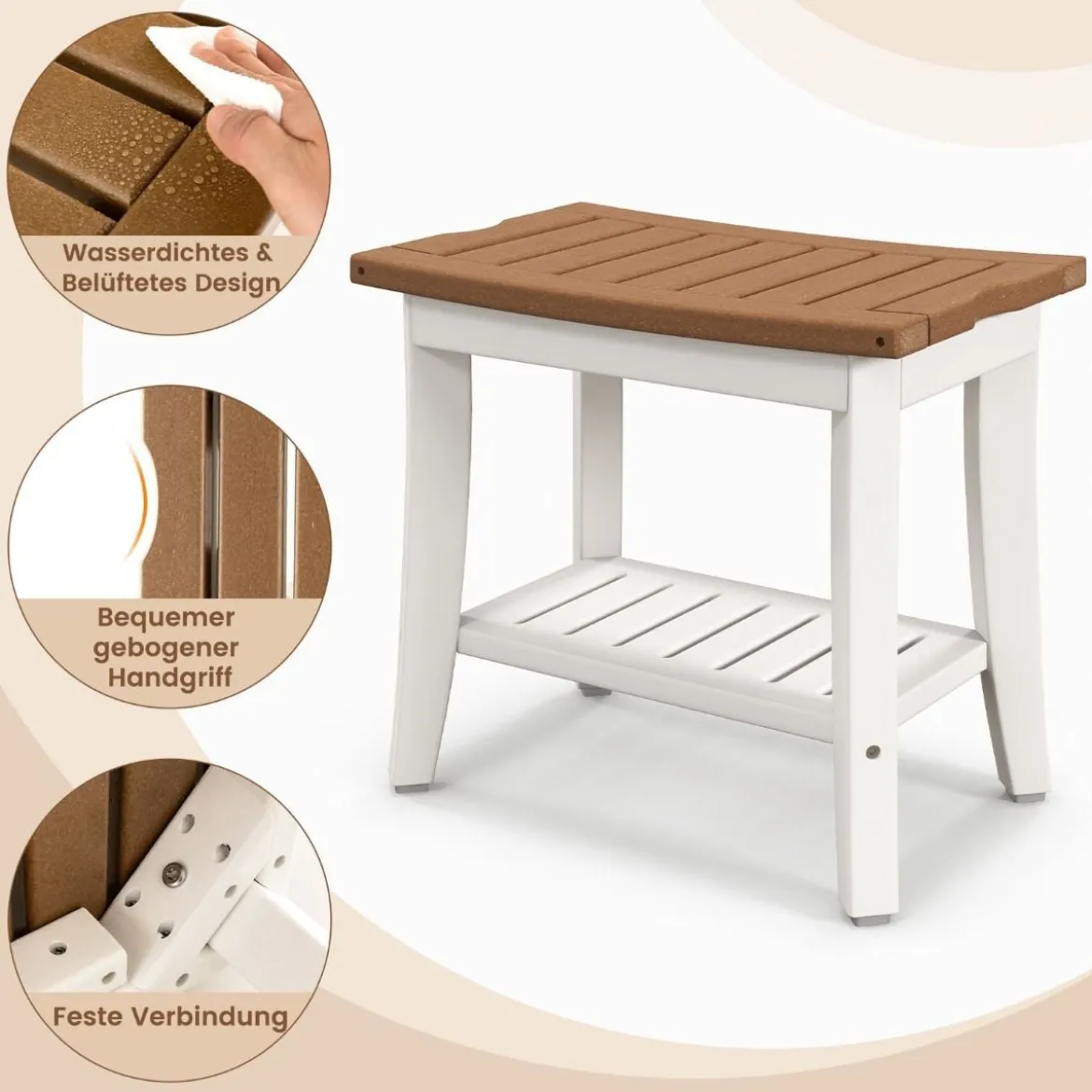 Duschbank Bad Sitzbank mit Ablage Badhocker Badezimmerbank Duschstuhl 51 x 32,5 x 47 cm Braun + Weiß