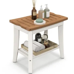 Duschbank Bad Sitzbank mit Ablage Badhocker Badezimmerbank Duschstuhl 51 x 32,5 x 47 cm Braun + Weiß