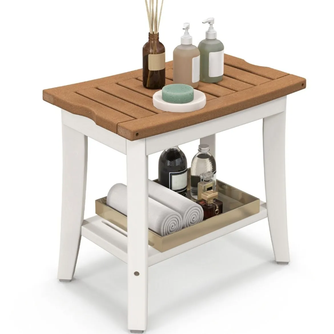 Duschbank Bad Sitzbank mit Ablage Badhocker Badezimmerbank Duschstuhl 51 x 32,5 x 47 cm Braun + Weiß