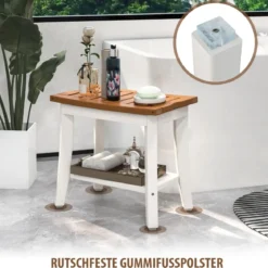 Duschbank Bad Sitzbank mit Ablage Badhocker Badezimmerbank Duschstuhl 51 x 32,5 x 47 cm Braun + Weiß