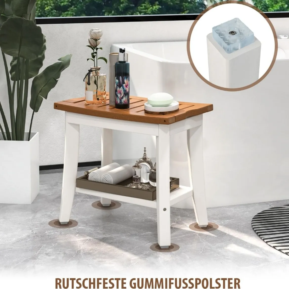 Duschbank Bad Sitzbank mit Ablage Badhocker Badezimmerbank Duschstuhl 51 x 32,5 x 47 cm Braun + Weiß