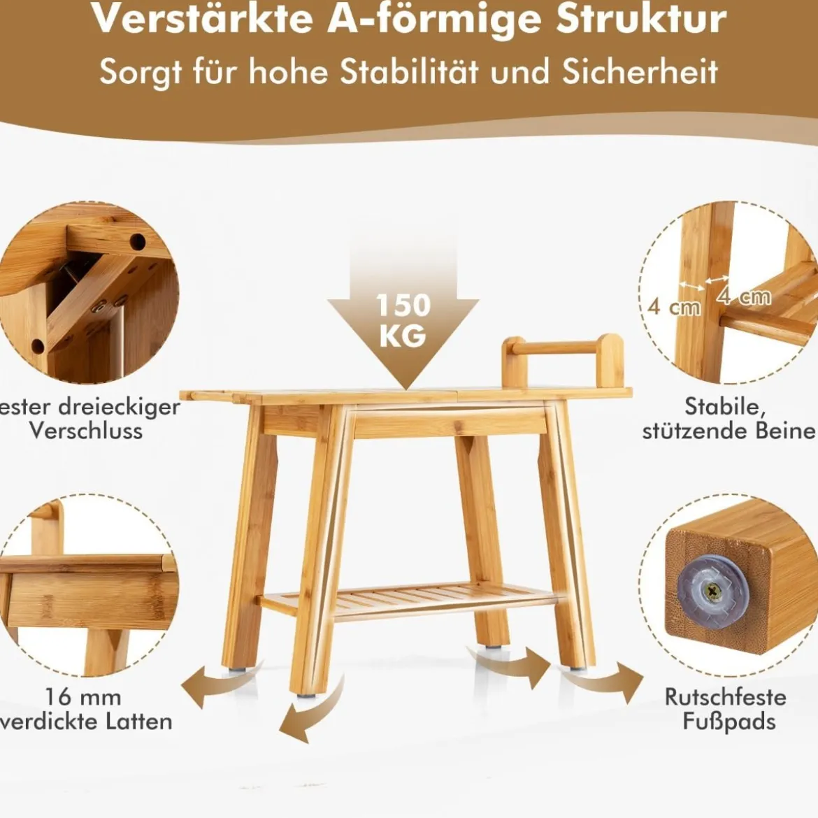 Duschbank Bambus-Duschbank mit Ablage 2-Stufiger Duschhocker 60 x 30 x 50 cm Natur
