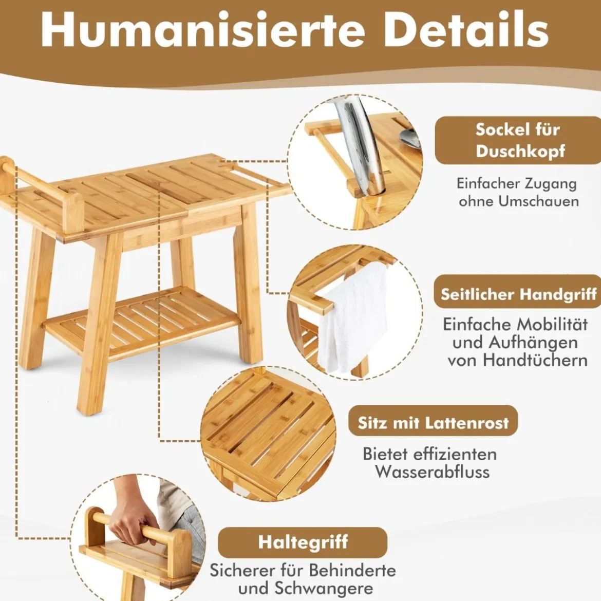Duschbank Bambus-Duschbank mit Ablage 2-Stufiger Duschhocker 60 x 30 x 50 cm Natur