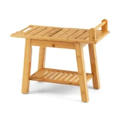 Duschbank Bambus-Duschbank mit Ablage 2-Stufiger Duschhocker 60 x 30 x 50 cm Natur