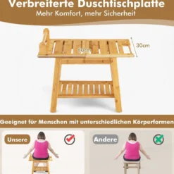 Duschbank Bambus-Duschbank mit Ablage 2-Stufiger Duschhocker 60 x 30 x 50 cm Natur