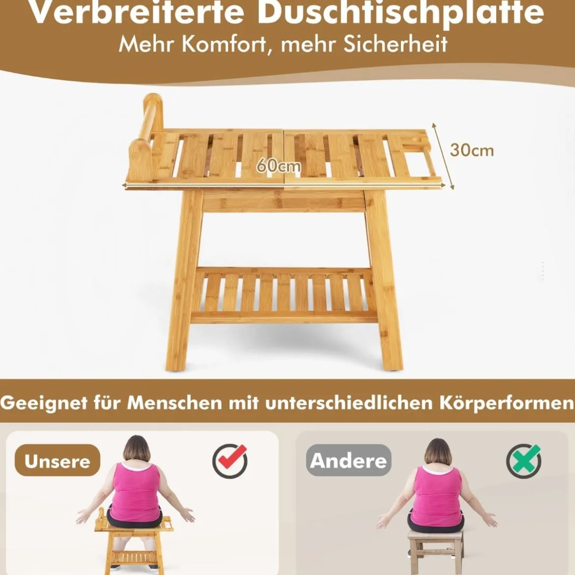 Duschbank Bambus-Duschbank mit Ablage 2-Stufiger Duschhocker 60 x 30 x 50 cm Natur