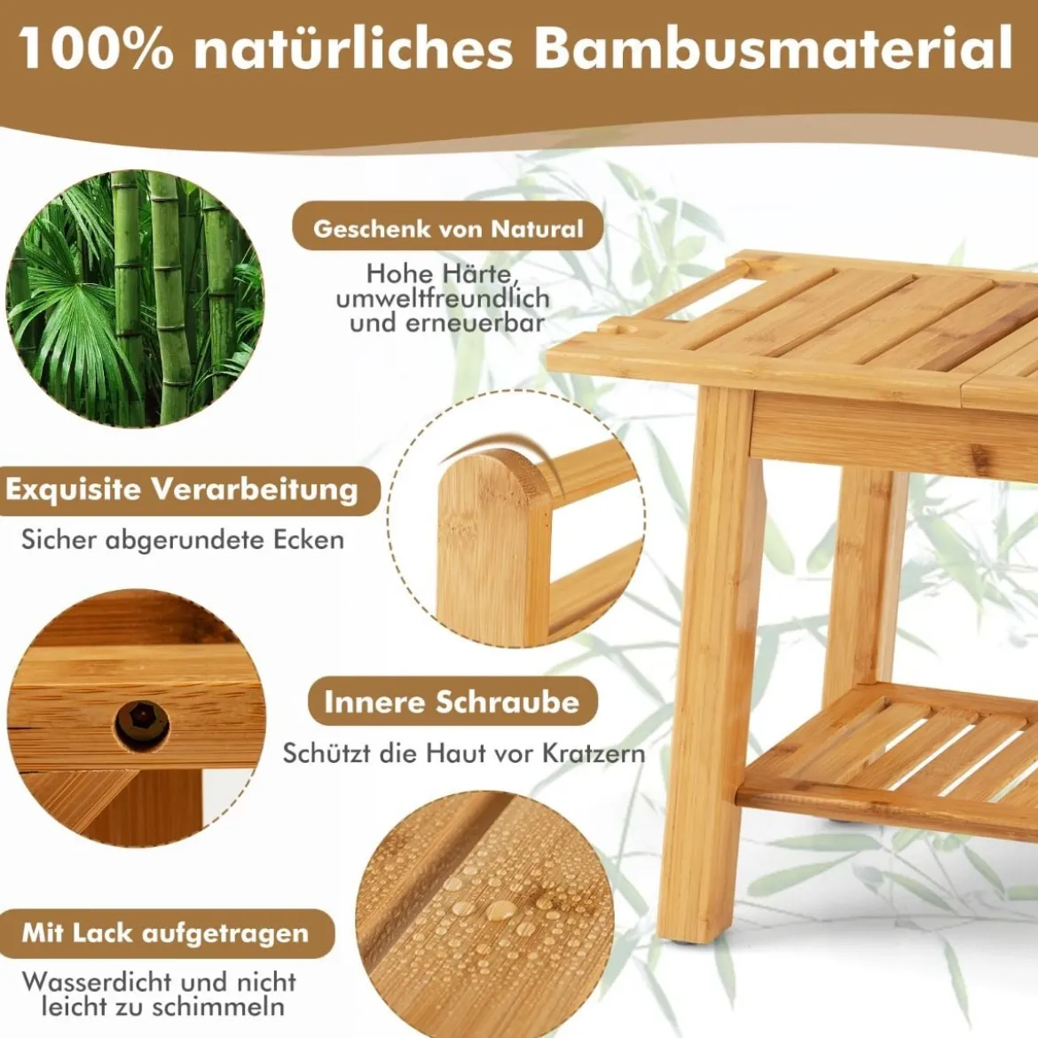 Duschbank Bambus-Duschbank mit Ablage 2-Stufiger Duschhocker 60 x 30 x 50 cm Natur