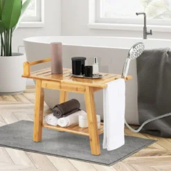 Duschbank Bambus-Duschbank mit Ablage 2-Stufiger Duschhocker 60 x 30 x 50 cm Natur