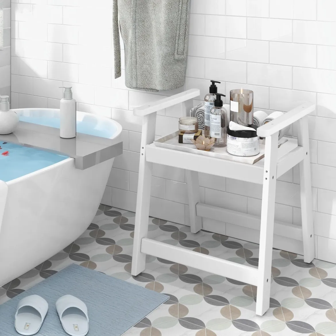 Duschbank mit Armlehnen Spa-Sitz Badhocker für die Dusche wasserdichte Badezimmerbank Weiß 58 x 52 x 61,5 cm