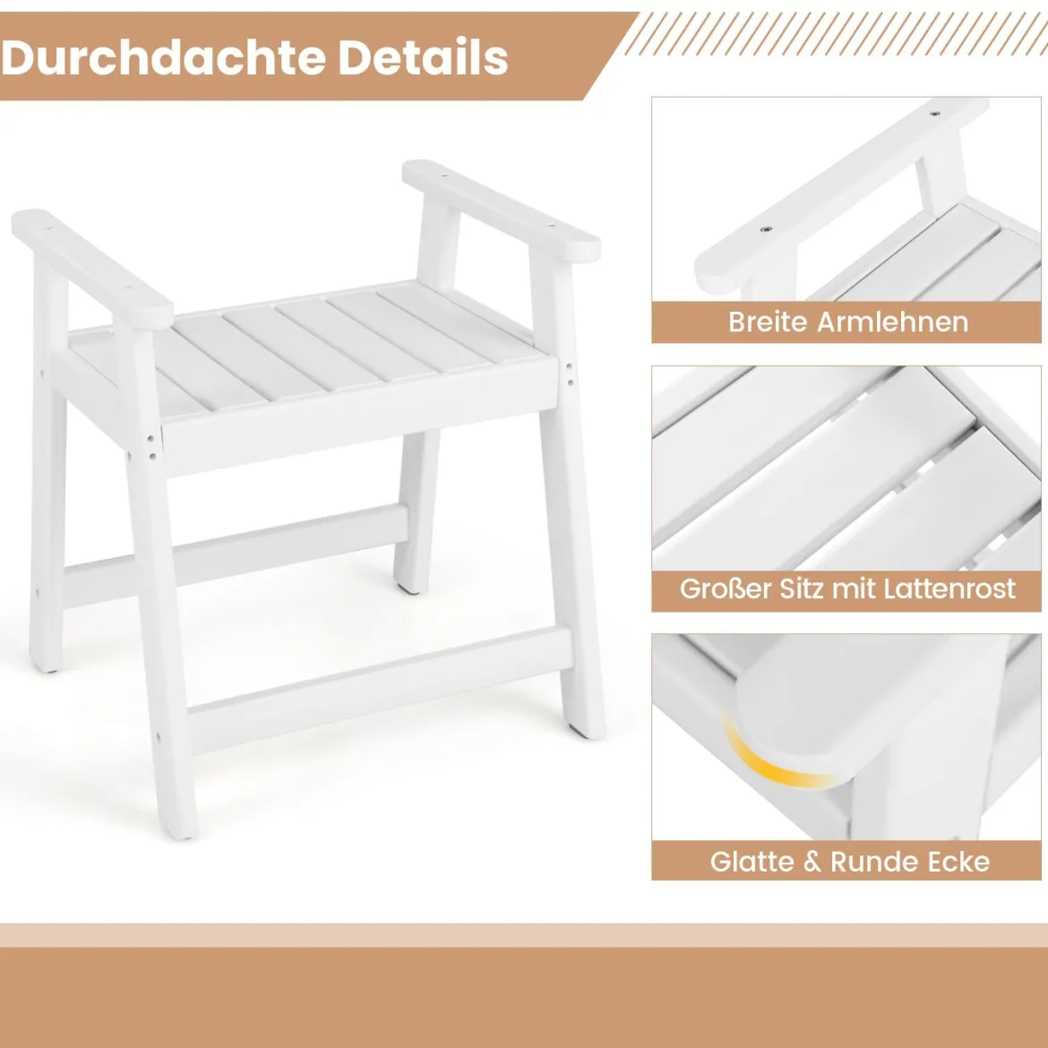 Duschbank mit Armlehnen Spa-Sitz Badhocker für die Dusche wasserdichte Badezimmerbank Weiß 58 x 52 x 61,5 cm