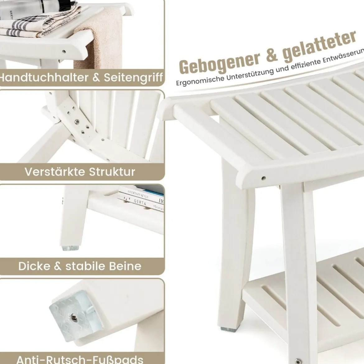Duschbank Wasserdichter Duschhocker mit Gebogenem Sitz 60,5 x 34 x 48 cm Weiß