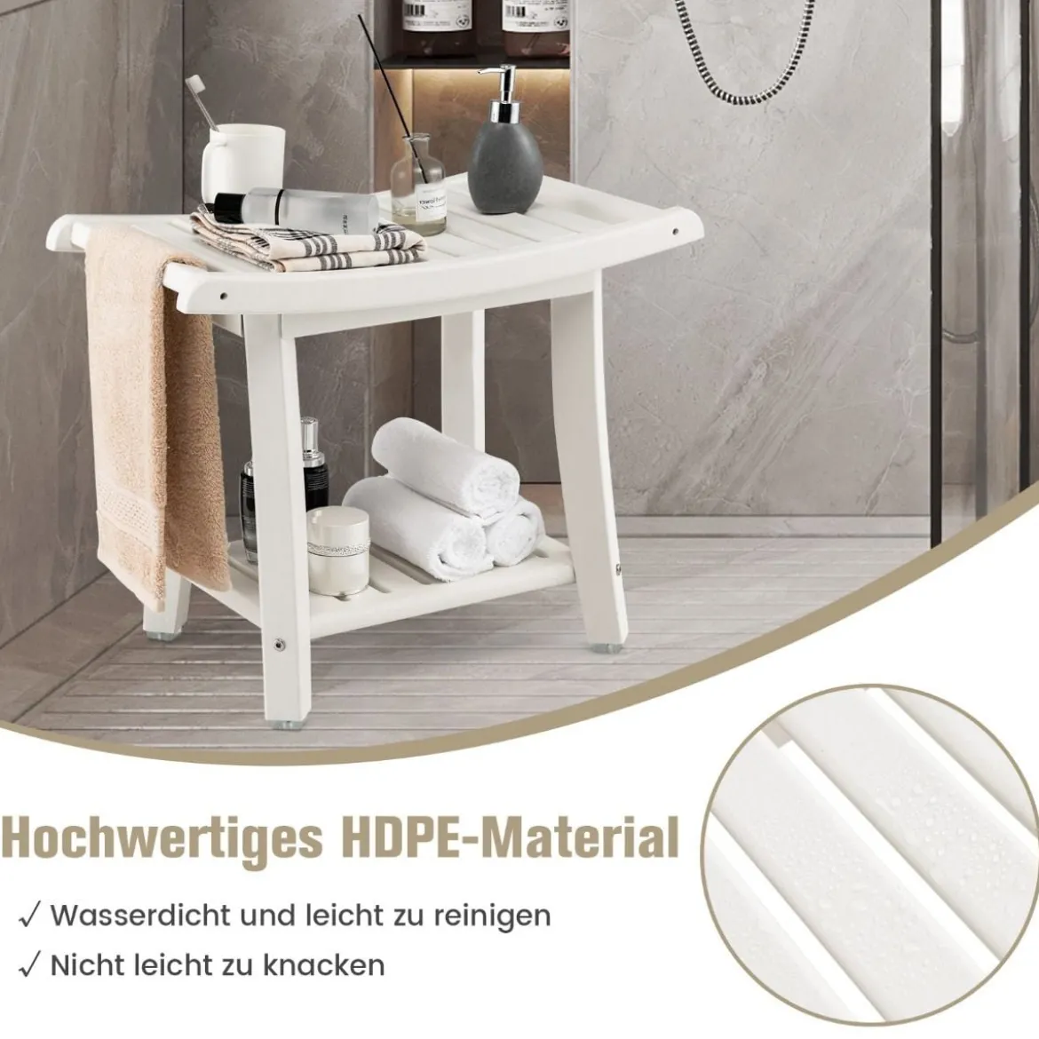 Duschbank Wasserdichter Duschhocker mit Gebogenem Sitz 60,5 x 34 x 48 cm Weiß