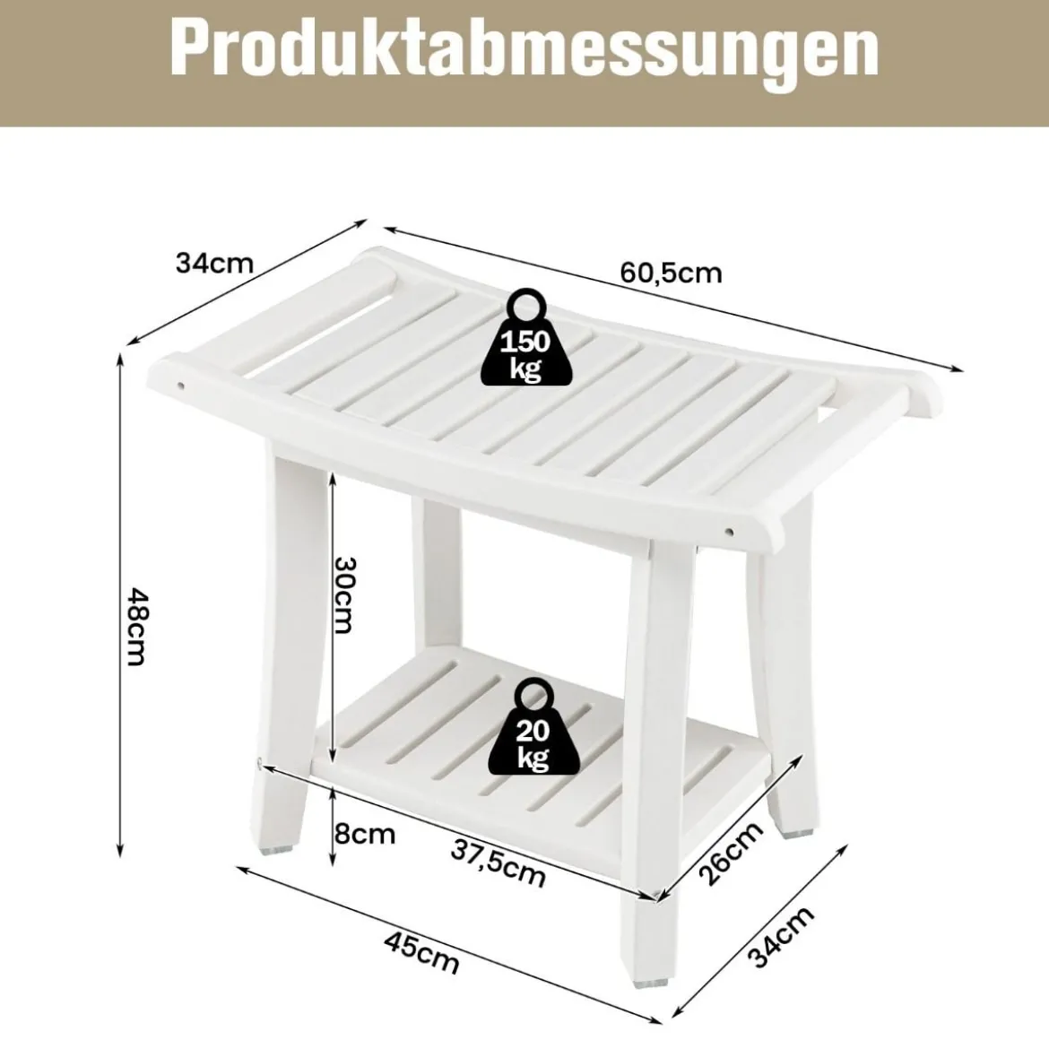 Duschbank Wasserdichter Duschhocker mit Gebogenem Sitz 60,5 x 34 x 48 cm Weiß