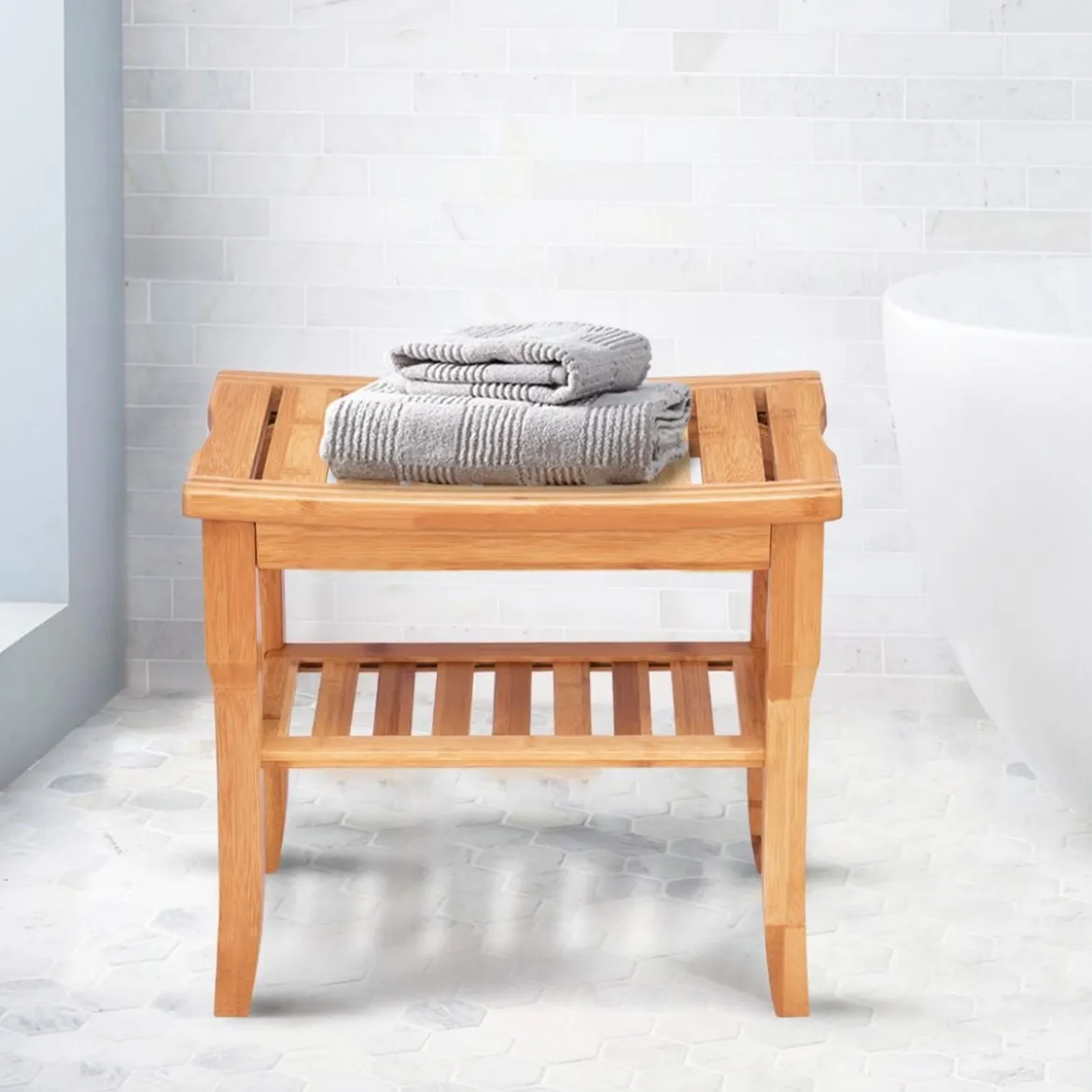 Duschhocker aus Bambus Badhocker mit Ablagefach Badezimmerhocker 48,5 x 27 x 45 cm