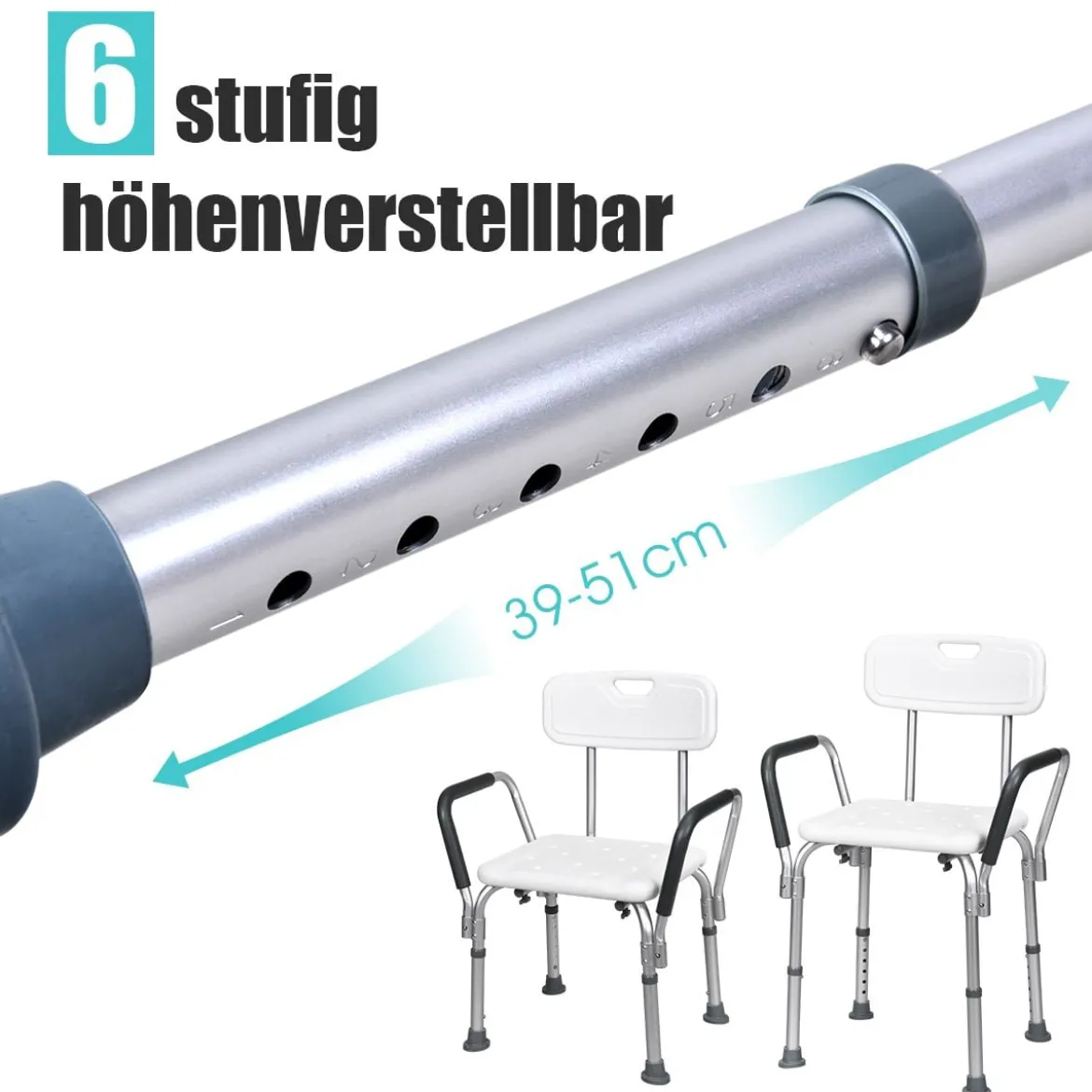 Duschstuhl höhenverstellbar Duschhocker mit Rückenlehne & Armlehnen Badesitz 59 x 46 x 73-85cm