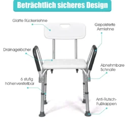 Duschstuhl höhenverstellbar Duschhocker mit Rückenlehne & Armlehnen Badesitz 59 x 46 x 73-85cm