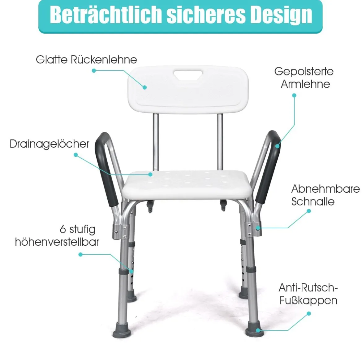 Duschstuhl höhenverstellbar Duschhocker mit Rückenlehne & Armlehnen Badesitz 59 x 46 x 73-85cm